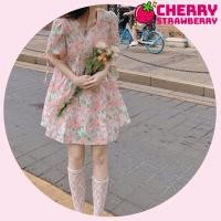 ราคา ลายดอกสีชมพู ชุดเดรสสั้นกระโปรงบาน กระโปรงสั้นหวาน เดรสฝรั่งเศส เอวสูง (10298964771)