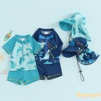 ราคา [จัดส่งจากประเทศไทย] ชุดว่ายน้ำเด็กชายแขนสั้นลายฉลามและโลมา เสื้อ + กางเกงขาสั้น + หมวก (26581035756)