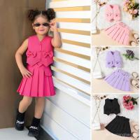 ราคา ชุดสีทึบสำหรับสาวๆ เสื้อกั๊กคอวีโบว์ตกแต่ง กระโปรงจีบพร้อมเข็มขัด (56702091844)