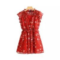 ราคา women chic floral print mini dress sexy V neck short sleeve elastic waist stylish female red A line dress (2293432486)