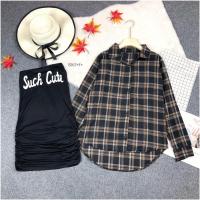 ราคา MM15167 set 2 ชิ้น เสื้อลายสก็อตแขนยาว + เดรสเกาะอกสกรีนตัวหนังสือเสื้อเชิ้ตแขนยาว ผ้าคอตตอนลายสก็อต (13071114746)