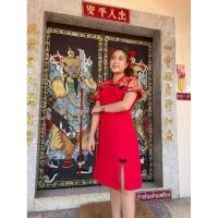 ราคา เดรสแดงตรุษจีน แต่งกระดุมดำ ผ้าฝ้ายพิมพ์ลายมังกรทอง (26557636062)