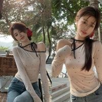 ราคา เสื้อแขนยาวปาดไหล่ แต่งเชือกผูกคอ สไตล์เกาหลี ส69 ผ้ายืด (27452090287)