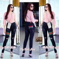 ราคา Bigbank by Araya กางเกงยีนส์ขาเดฟเอวสูงแต่งคาดแถบหนังเขียวแดงและแต่งขาดเข่าทรงสวยใส่เข้ารูป (25351014037)