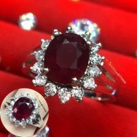 ราคา แหวนทับทิม สีเลือดนก ล้อมเพชร แหวนเงินแท้ ชุบทองคำขาว พลอยทับทิมแท้ เพชรSwiss YTG-11224 (11714679871)