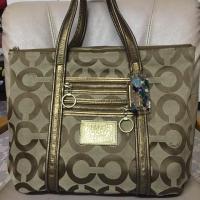 ราคา coach แท้ มือสอง Coach Poppy Op Art Signature Glam Tote Khaki/Bronze style no.13826 (1314517990)