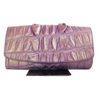 ราคา กระเป๋าสตางค์ผู้หญิงหนังจระเข้แท้ 100% รุ่น3พับยาว หางใหญ่ สีม่วงมุก หายาก หนังเงาประกาย ใหม่ (28159244154)
