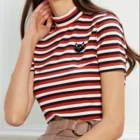 ราคา เสื้อ JASPAL เสื้อยืดลายทางขวางแดงขาวดำ ปักรูปแมวอกขวา (6836177415)