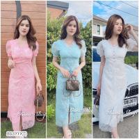 ราคา BS3777 เดรสยาวลูกไม้แขนพองคอวี อกดีไซน์เย็บแต่งกระดุมหลอกลายดอกไม้ งานซิปหลัง แต่งผ่าหน้า ใส่ซับทั้งตัว ผ้านิ่ม ใส่เที่ (19882389907)