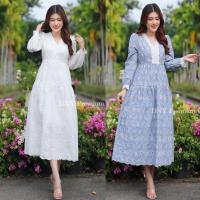 ราคา รับงานบุญ!!! M-2XL Maxi Dress เดรสสีฟ้า,เดรสสีขาวผ้าลูกไม้ฉลุแขนยาว งานป้าย DNY (20457784658)