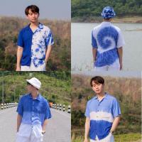 ราคา เสื้อฮาวายมัดย้อม เสื้อแฟชั่นผู้ชาย มัดย้อมผู้ชาย มัดย้อมคราม ชุดไปทะเล (3225735906)