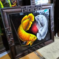 ราคา รูปวาดปลามังกรเงินปลามังกรทอง ภาพมงคลพร้อมกรอบไม้สัก แขวนตกแต่งผนัง 68cmx80cm (41555646868)
