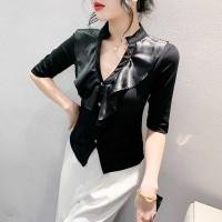 ราคา ❤ YIMEI เสื้อยืดคอวีลึกสีดำสำหรับผู้หญิง,เสื้อยืดผ้ (28357500927)