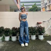 ราคา กางเกงยีนส์กระบอกใหญ่เอวสูง ปลายขากว้าง แต่งขาดเข่า2ข้าง งานดีทรงสวย งานป้ายolive&jo (15399565783)