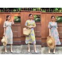 ราคา Hi-so rose dress เดรสยาวคอวีแขนย้วย(109) ผ้าชีฟองทรายพิมพ์ลาย (2483499715)