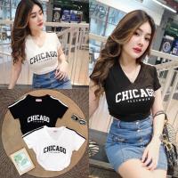 ราคา เสื้อครอปสั้น แถบแขนลายCHICAGO ผ้านิ่ม เด้ง ยืดหยุ่น FreeSize (19284656427)