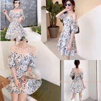 ราคา งานป้ายYPY เดรสลายดอกสายเดี่ยวเปิดไหล่ เว้าเอว ด้านหลังผูกโบว์ ซิปหลัง แขนพองจั้ม ผ้าลื่นๆมีซับใน สวยมาก (9318321245)