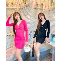 ราคา NITTAYA เดรสผ้ายืดแขนยาวอกแต่งด้วยหัวเข็มขัดเพชร เว้าใต้อก1 (41967335737)