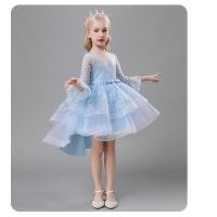 ราคา Gd4106- พร้อมส่งจากไทย ชุดราตรีเด็กสีฟ้า ชุดออกงานเด็กหญิง แขนยาว ทรงหน้าสั้น-หลังยาวแบบเดรสหางปลา ลูกไม้ตกแต่งสวยหรู (25627878485)