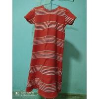 ราคา ชุดเดรสยาวแขนสั้นผ้ายืดสีส้มลายขวาง ผ้านิ่มมาก เนื้อผ้าหนา (3778615047)