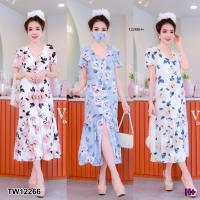 ราคา TwinsShopVipพร้อมส่ง TW12266 แม็กซี่เดรสลายดอกชายผ่าระบาย+แมส+ยางมัดผม (5331818447)