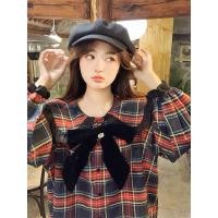 ราคา เสื้อเชิ้ตแขนยาวลายสก็อตแต่งโบว์เข็มกลัดป้าย Jiwa (24371252715)