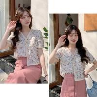 ราคา เสื้อยืดแขนสั้น ผ้าชีฟอง ลายดอกไม้สไตล์ฝรั่งเศส คอวี หวานๆ (26369180074)