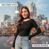 ราคา ꕥCatalog Fashionꕥ เสื้อยืดแฟชั่นแขนยาวปาดไหล่ คอแต่งโช้คเกอร์ (2718545482)