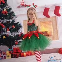 ราคา Zhy-kid Girl Elf คริสต์มาสเครื่องแต่งกายแขนกุด Tulle Patchwork A-Line ชุด + ถุงเท้ายาว + Santa Hair Hoop คอสเพลย์เสื้อผ้า (27968846801)