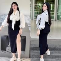 ราคา ชุดเซ็ทเอี๊ยมสาวอวบ เสื้อแขนยาวผูกโบว์ + เอี๊ยมกระโปรงผ่าข้าง อก 38-45" (25731597389)