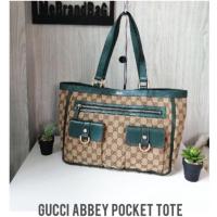ราคา กระเป๋ากุชชี่แท้ มือสองค่ะ GUCCI Brown GG Canvas and Green Leather Shoulder Tote Bag #39130 (8545247535)