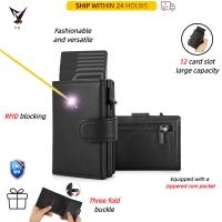 ราคา ของแท้หนังกระเป๋าสตางค์ด้านข้าง Push กล่องอลูมิเนียมผู้ถือบัตร RFID Anti-Magnetic Theft แปรงไมโครไฟเบอร์อลูมิเนียมซิปกระเป๋าเหรียญ (40156196903)