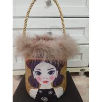 ราคา กระเป๋าสานกระจูด ขนนกฟรุ้งฟริ้ง ทรงถังบุผ้า (7656730341)