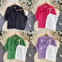 ราคา พร้อมส่งเสื้อลูกไม้เเขนสั้นผูกโบว์อลังงานไฮโซ (25178395201)