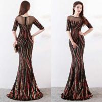 ราคา เดรสราตรีแขนสั้นไหล่ซีทรู เนื้อผ้าเลื่อมเกล็ดปลาปักลาย (1785608865)