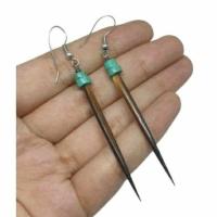 ราคา ต่างหูหินเทอร์ควอยส์ หินแท้ธรรมชาติ ต่างหูไม้ แฮนเมด Natural Turquoise Spike Drop Dangle Wood Long Earrings (28518409206)