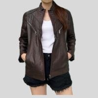 ราคา แจ็คเก็ตหนัง เสื้อหนัง หนังแท้ ไม่ใช่หนัง PU สีน้ำตาลเข้ม ไซน์ M ทรง unisex ใส่ได้ทั้งชายและหญิง Genuine Leather Jacket (25011962958)