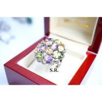 ราคา 0%10 เดือน S.R.แหวนทองคำขาวพลอยแท้ทุกเม็ด เขียวส่อง อเมทีสต์ บุษราคัม เม็ดละ 1.00 กะรัต พร้อมใบรับรองสินค้า เคลือบทองคำข (41570288188)