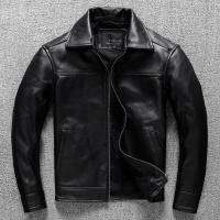 ราคา แจ็คเก็ตหนังวัวแท้ A01 สีดำ คอปก เสื้อหนังแท้แขนยาว เสื้อหนังคอปก Black Genuine Leather Jacket (26627033903)