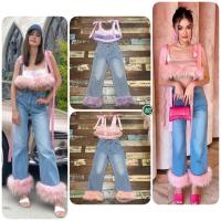 ราคา เซท เสื้อครอปสายเดี่ยวขนนก+กางเกงยีนส์ขายาวแต่งปลายขาขนนก (19112373127)