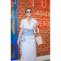 ราคา เซ็ทเสื้อเชิ้ตแขนสั้น กระโปรงฟรีไซส์เอวผูก ลายทางสีฟ้าขาว แบรนด์ Ada collection (26430519795)