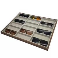 ราคา จานโชว์แว่นตา 18 ช่อง วอลนัทสีดำไม้+กำมะหยี่สีเทา กล่องใส่แว่นตา 18 ช่อง ถาดใส่แว่นตา (27428606172)