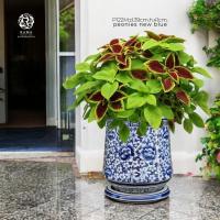 ราคา รามาเซรามิค กระถางเซรามิคพร้อมจานรอง P122M ลายดอกโบตั๋นสีน้ำเงิน (24789470849)