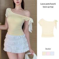 ราคา พร้อ​มส่งลูกไม้เย็บปะติดปะต่อกันด้านบนออกแบบความรู้สึกโบว์ผู้หญิงลูกไม้ขึ้นแขนสั้นเสื้อยืด (44264297838)