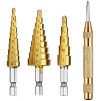 ราคา 3 pcs HSS Titanium Step Drill Bit Set & 1 pcs Automatic Center Punch ชุดดอก step drill ดอกสว่าน ดอกเจดีย์ เครื่องมือช่าง (5165298920)