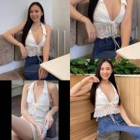 ราคา Tag❤️koranit❤️เสื้อครอปฉลุตัดต่อชายลูกไม้งานปัก เชือกผูกโบว์ (28121510930)