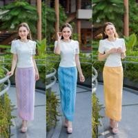 ราคา N693 เสื้อไหมญี่ปุ่นแขนกลีบบัวกระดุมปั๊มอัดกาว+กระโปรงผ้าฝ้ายทอลายอัดกาว (28560324035)