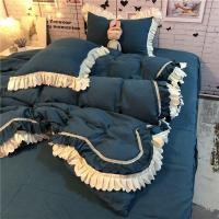 ราคา Deep Healing Indigo Blue Double-Layerประณีตลูกไม้ชุดสี่ชิ้นสำหรับHomeเตียงคู่กระโปรงสไตล์ชุดผ้าปูที (28114741080)