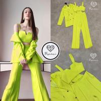 ราคา ชุดสูท3ชิ้น เสื้อครอป+เสื้อสูท+กางเกง ชุดสูทสีเขียวนีออน (16056867522)