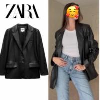 ราคา Used Blazer หนังเทียมสีดำ Zara ของแท้100% (24597553328)